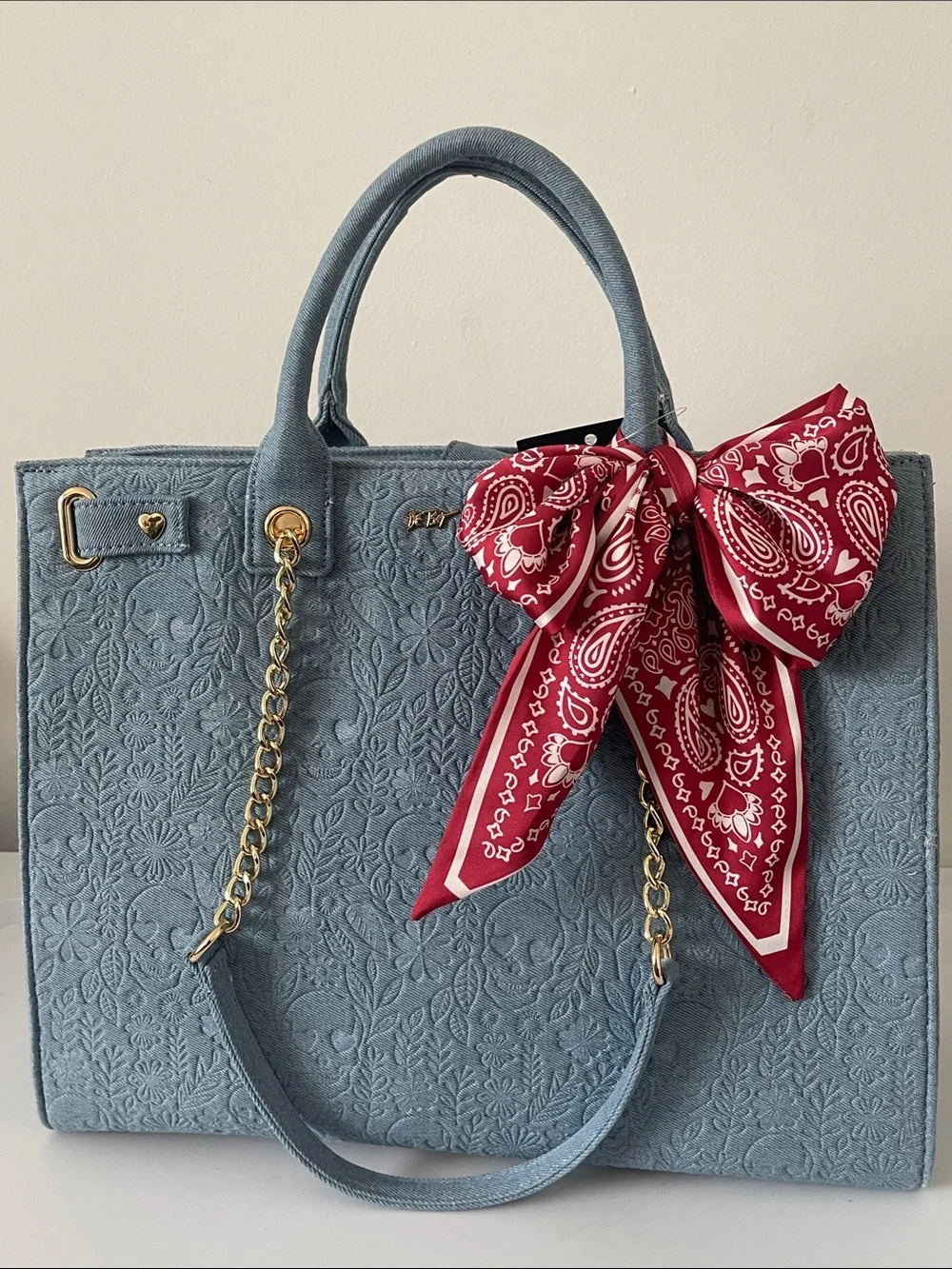 Betsey Johnson Light Blue denim skull Embossed Tote with Red Bandana Bow